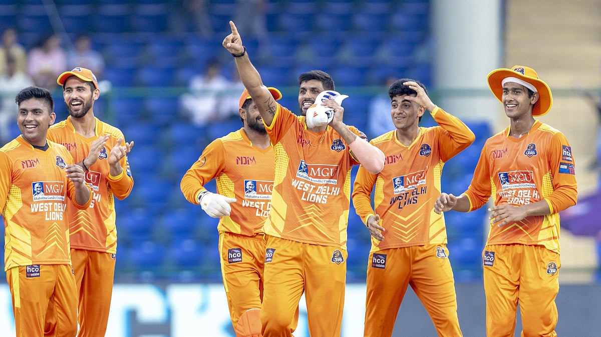 Photo: X | Delhi Premier League T20 : West Delhi Lions players celebrating a wicket against South Delhi Superstarz.